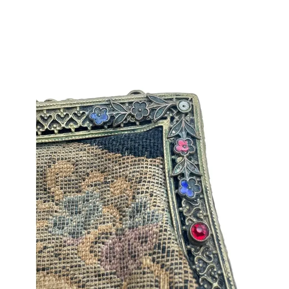 Antique 1920s Jeweled Enamel Frame Tapestry Evening Purse with Snake Clasp